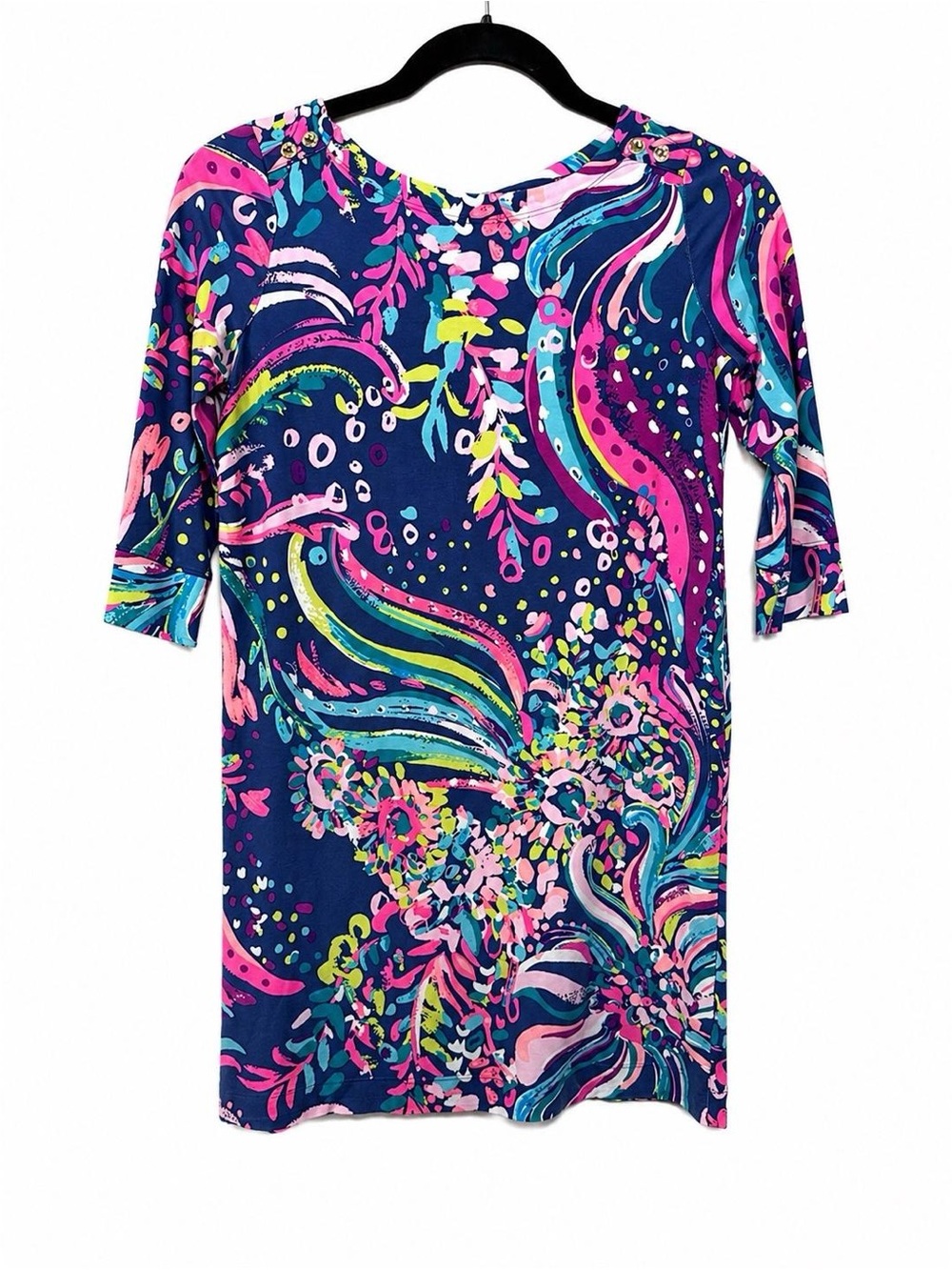 Lilly Pulitzer Girls XL 12-14 Navy Floral 3/4 Sleeve Stretch Dress pink teal